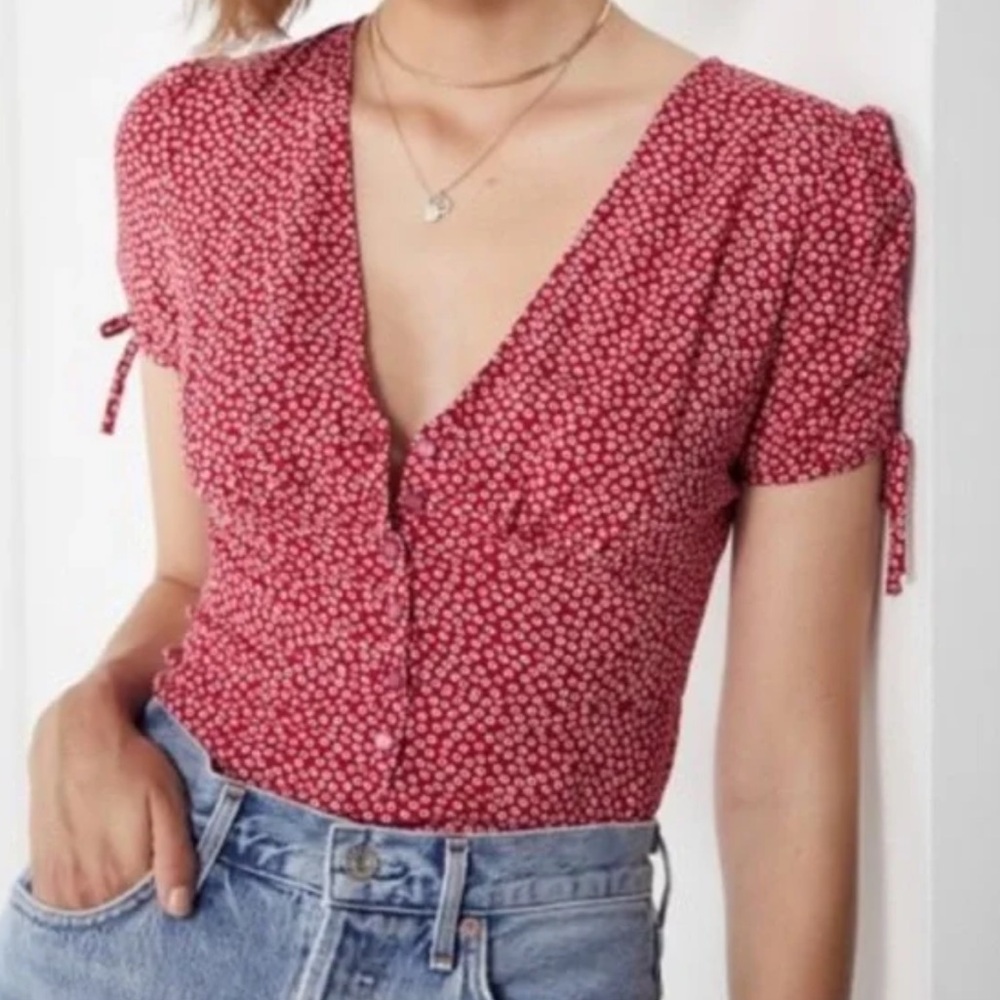 Urban Outfitters Red Short Sleeve Tie Front Blouse